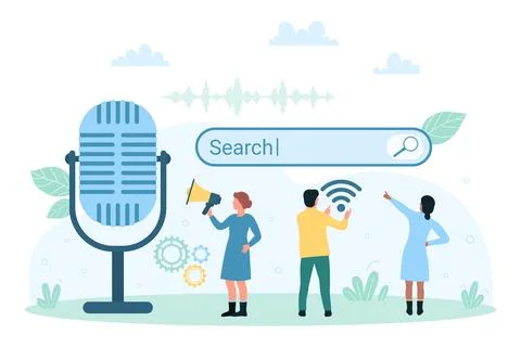 Virtual help of smart voice assistant, tiny people with microphone and megaphone 库存插图