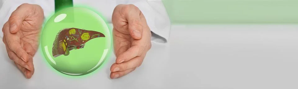 Virtual human liver between doctor's hands demonstrates liver health and medi Photos