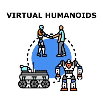 Virtual humanoids interacting with human and performing tasks Stock Illustration