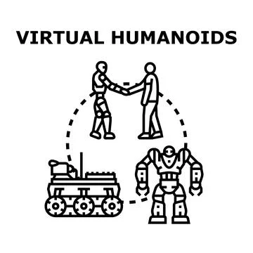 Virtual humanoids interacting with human and performing tasks Stock Illustration