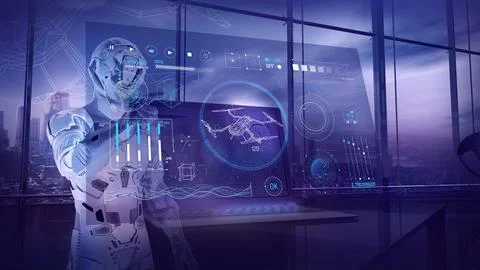 Virtual infographic of drone control on sci-fi background. Stockillustratie