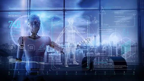 Virtual infographics with 3D human model and artificial intelligence. 스톡 일러스트