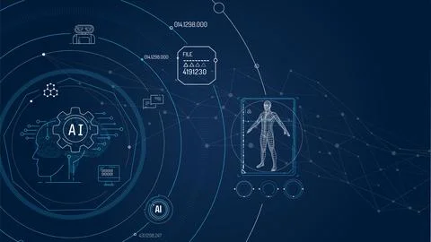 Virtual infographics with artificial intelligence and 3D human model. Stock Illustration