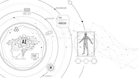 Virtual infographics with artificial intelligence and 3D human model. Stock Illustration