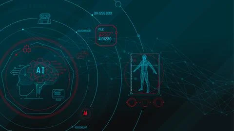 Virtual infographics with artificial intelligence and 3D human model. Stock Illustration