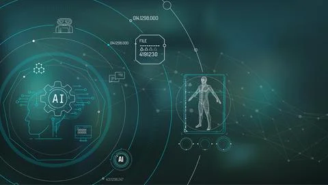 Virtual infographics with artificial intelligence and 3D human model. Stock Illustration