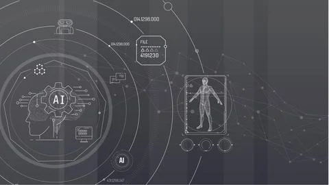 Virtual infographics with artificial intelligence and 3D human model. Stock Illustration