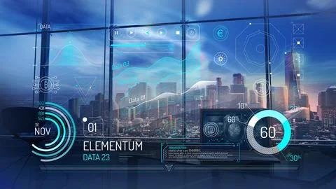 Virtual infographics of cryptocurrencies on office background. 스톡 일러스트