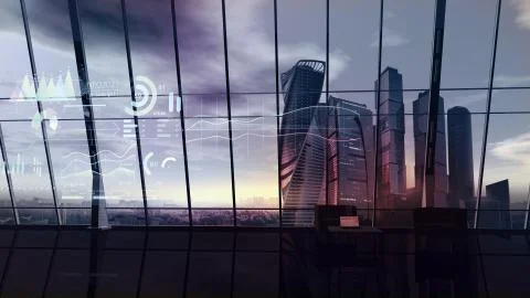 Virtual infographics in an empty office and cityscape with skyscrapers. Stock Illustration