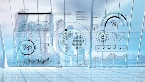 Virtual infographics on the topic of digital currency on the global market. Illustrazione stock