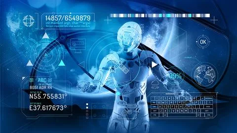Virtual interface about traveling on a spaceship, with holographic flight data. Stock Illustration