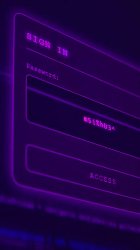 Virtual interface displays login process with glowing elements and a purple Stock Footage 314093258