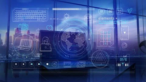 Virtual interface with infographics on the subject of internet communication. 스톡 일러스트