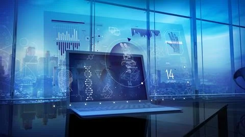 Virtual interface with infographics on the theme of medical research. Stockillustratie