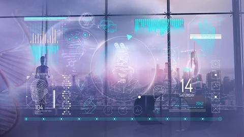 A virtual interface with infographics on the topic of medical research. イラスト素材