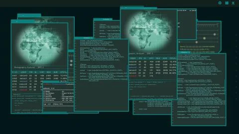 Virtual interface or HUD displaying multiple windows with hacker code running on Stock Illustration