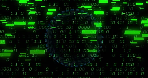 Virtual interface showing floating green binary digits and glitches overlaid by Video stock 309101576