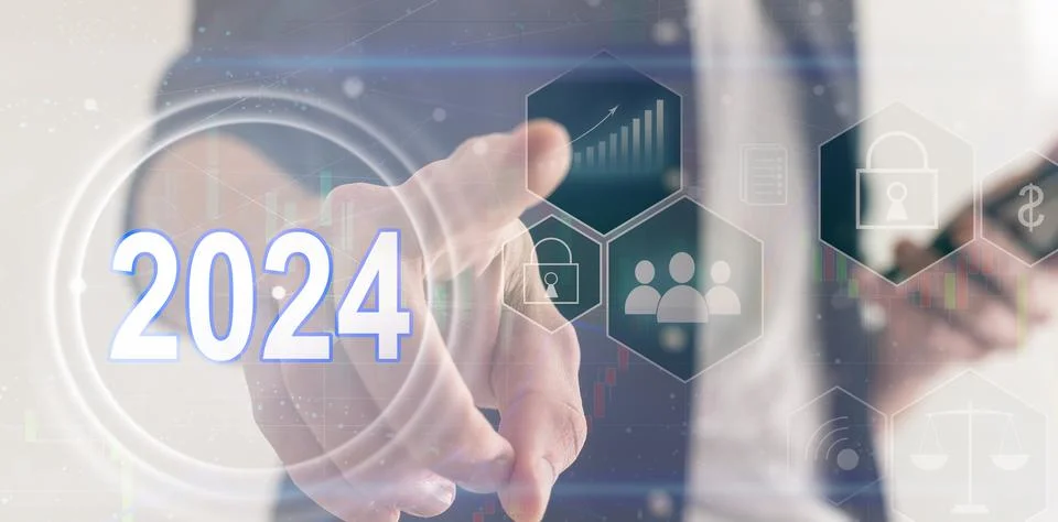 Virtual interface target in the year 2024 icons, Plans to accelerate corporate Stock Photos