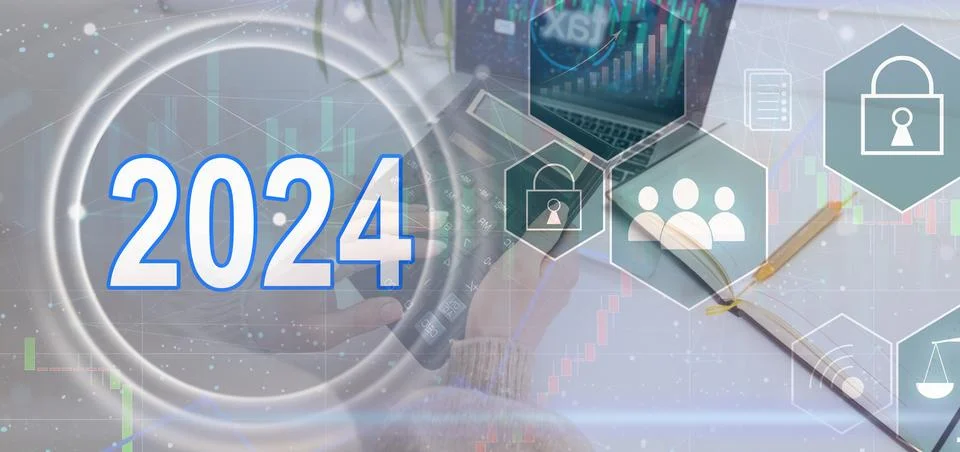 Virtual interface target in the year 2024 icons, Plans to accelerate corporate Stock Photos