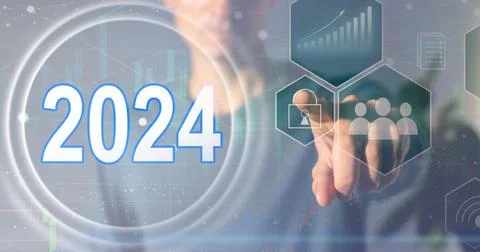 Virtual interface target in the year 2024 icons, Plans to accelerate corporate Stock Photos