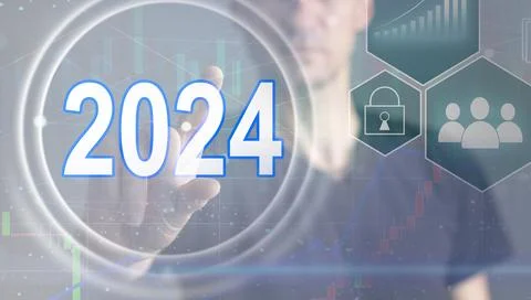 Virtual interface target in the year 2024 icons, Plans to accelerate corporate Stock Photos