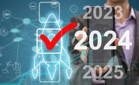 Virtual interface target in the year 2024 icons, Plans to accelerate corporate Stock Photos