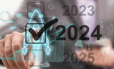 Virtual interface target in the year 2024 icons, Plans to accelerate corporate Stock Photos