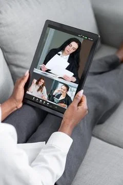 Virtual interview group video chat female team Stock Photos
