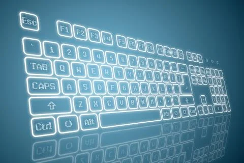 Virtual keyboard in perspective view, glowing keys and reflection on blue bac Stock Illustration
