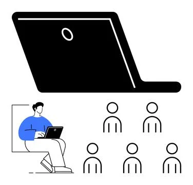 Virtual Learning Student with Laptop Interacting with Online Classmates in .. Illustrazione stock