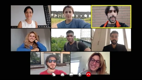 Virtual meeting between friends connected in video chat by phone and by computer Stock Footage 153621559