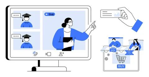 Virtual meeting with educators on computer screen, a hand holding a credit ca Stock Illustration