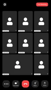 A virtual meeting environment displays a grid layout with nine blurred part.. 스톡 일러스트