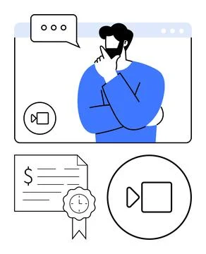 Virtual meeting featuring a thoughtful man and various icons representing c.. Stock Illustration