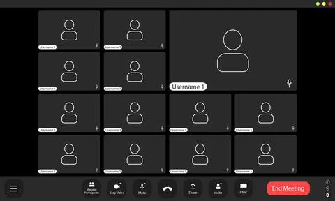 Virtual meeting grid displaying multiple participants' usernames and blank .. Stock Illustration
