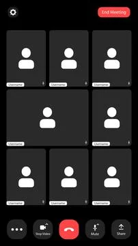 Virtual meeting grid layout showcasing nine participants in black screens d.. Stock Illustration