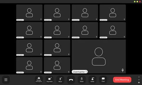 Virtual meeting grid showcasing multiple participants engaged in a remote c.. Stock Illustration