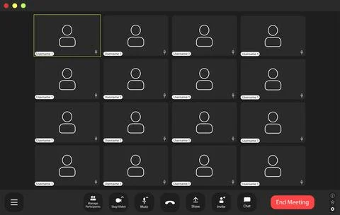 Virtual meeting interface displaying multiple empty user profiles during on.. Illustrazione stock