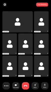A virtual meeting interface displays multiple participants with muted video.. Ilustração Stock