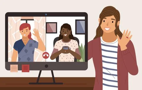 Virtual meeting on the Internet. People on computer screen. Woman is waving her 스톡 일러스트