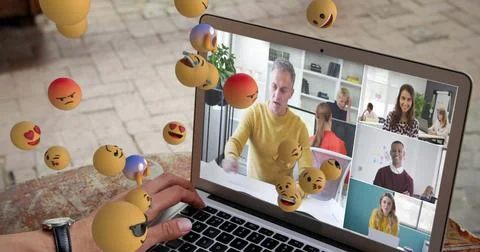 Virtual meeting on laptop screen, floating emojis enhancing digital interaction Illustrazione stock
