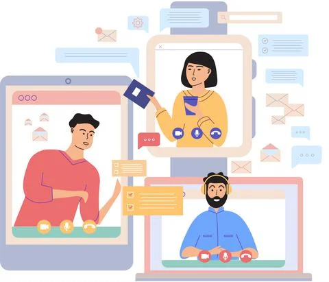 Virtual meeting, online teamwork. Computer with group of colleagues taking part Stock Illustration