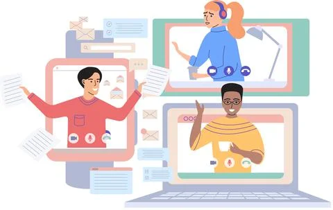 Virtual meeting, online teamwork. Computer with group of colleagues taking part Stock Illustration