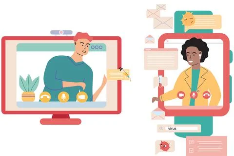 Virtual meeting, online teamwork. Computer with group of colleagues taking part Stock Illustration