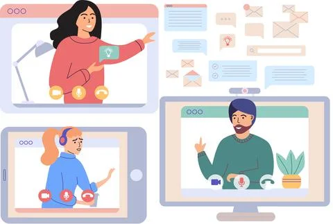 Virtual meeting, online teamwork. Computer with group of colleagues taking part Stockillustratie
