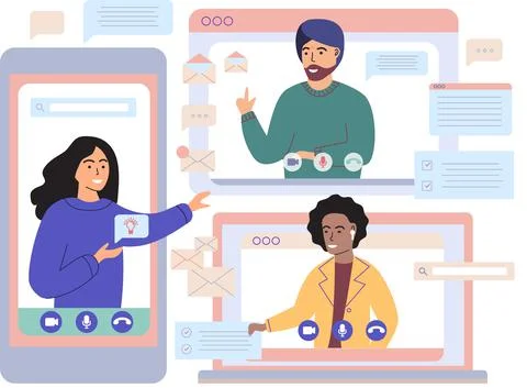 Virtual meeting, online teamwork. Computer with group of colleagues taking part Stockillustratie