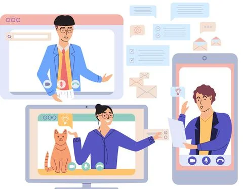 Virtual meeting, online teamwork. Computer with group of colleagues taking part Stockillustratie