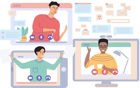 Virtual meeting, online teamwork. Computer with group of colleagues taking part Stock Illustration