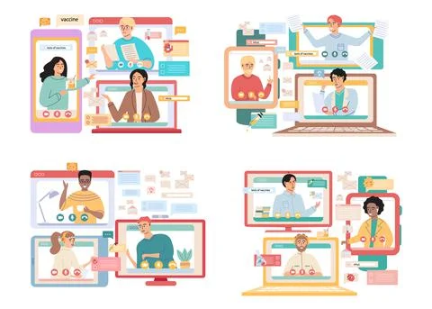 Virtual meeting, online teamwork. Computer with group of colleagues taking part Stockillustratie
