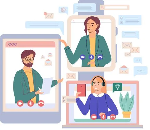 Virtual meeting, online teamwork. Computer with group of colleagues taking part Stock Illustration